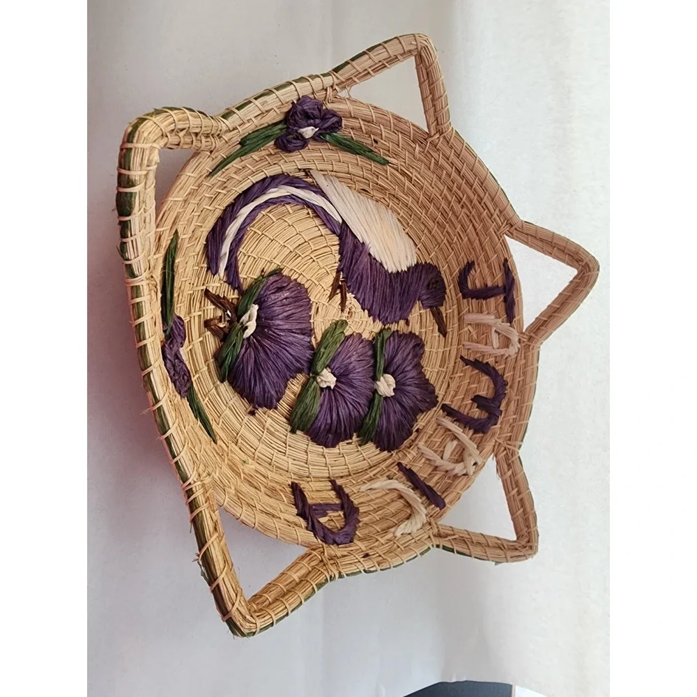 Vintage Jamaica Hand Woven Straw Basket Raffia Embroidered Bird Flower Souvenir